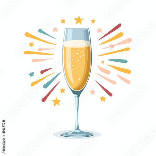 A vibrant illustration of a champagne flute filled with sparkling golden beverage, surrounded by colorful celebratory rays and stars on a white background.