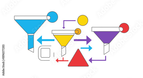 Multi-Stage Funnel Flow Diagram. Systemic Process, Data Filtering, Optimization, Conversion, and Marketing Strategy Cycle.