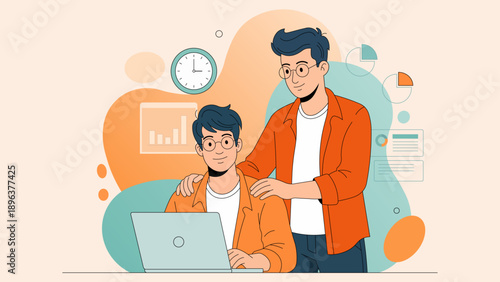 Business illustration of a mentor guiding a junior colleague using a laptop, surrounded by abstract shapes and charts representing growth, data analysis, and teamwork.