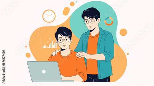 Team collaboration illustration featuring a mentor supporting a team member working on a laptop, with visual elements of time, charts, and progress indicators in a modern flat style.