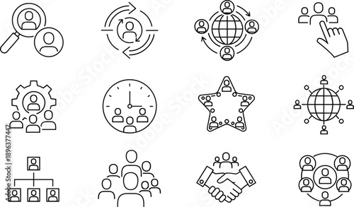 Human Resources and Global Networking Line Icons Set Featuring Recruitment Search, Team Collaboration, Organizational Hierarchy, and International Professional Connection Symbols.