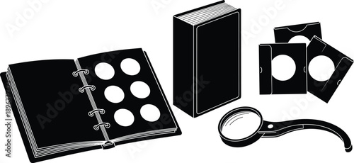 Coin Album Collection Silhouette Book Folder Magnifier Numismatics Hobby Vintage Storage Vector Illustration Black