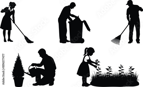 Gardening Cleaning Silhouette People Household Work Outdoor Chores Maintenance Lifestyle Vector Illustration Black