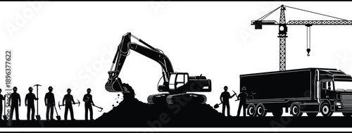 Construction Site Silhouette Workers Excavator Crane Truck Industrial Engineering Building Development Vector Illustration Black