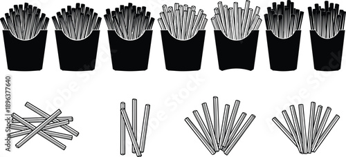 French Fries Silhouette Set Fast Food Snack Potato Fried Vector Illustration Black White