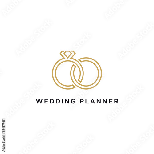 A minimalist golden line art logo featuring two interlocking wedding rings, one with a diamond, above the text "WEDDING PLANNER" on a white background.