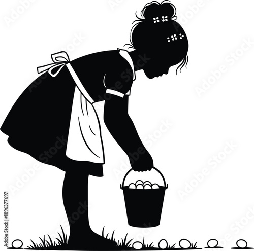 Girl Silhouette Child Collecting Eggs Bucket Farm Childhood Rural Tradition Agriculture Vintage Illustration Vector Black White