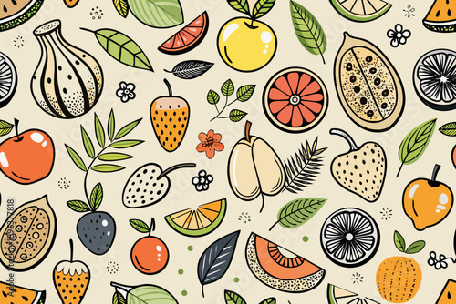 Colorful doodle fruit seamless pattern with leaves and flowers on beige