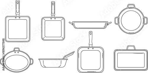 Cookware Pan Set Kitchen Utensils Skillet Frying Pot Line Icon Vector Illustration