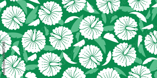 White hibiscus pattern. botanical seamless pattern. Kelly green exotic hibiscus. Motif Hawaii shirt, Aloha shirt summer. Beautiful fresh green background, floral pattern. Lush green hibiscus flower.