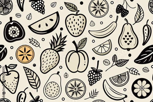 Doodle fruit seamless background with leaves and leaves on cream