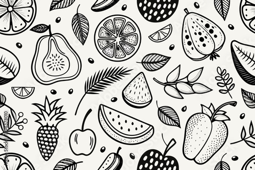 Doodle fruit seamless background with leaves and slices on white