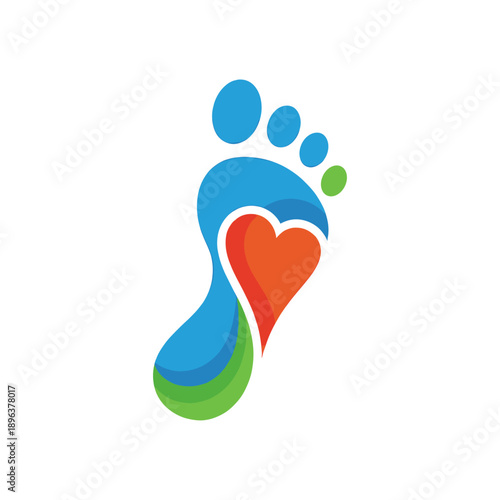 A stylized graphic of a human foot with a heart shape integrated into the sole, rendered in vibrant blue, green, and orange colors.