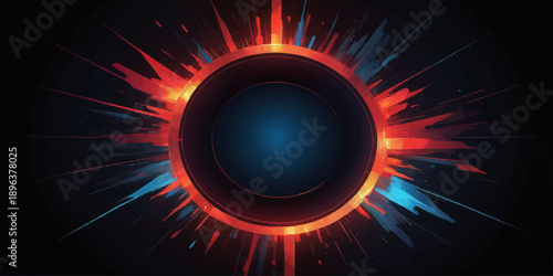 An abstract fractal design of an orange fire circle glowing like a powerful sun eclipse or gas star explosion with burning energy flames against a dark black space cosmos background