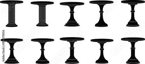 Set of ten black vector silhouettes featuring round pedestal tables with various antique and modern column styles for furniture design and interior layout elements