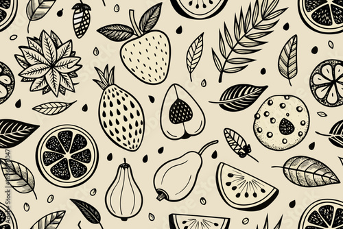 Doodle fruit seamless pattern on cream background 1