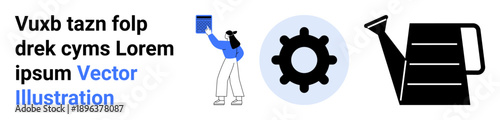 Education, productivity, gardening, mechanics, learning tools, and concept design. A person reading a book, a gear symbol and a watering can. Education and productivity concept