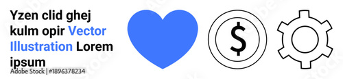 Blue heart icon, dollar coin, and a gear outline. Ideal for finance, productivity, love, business teamwork creativity and simple landing page. Line metaphor. Simple line icons