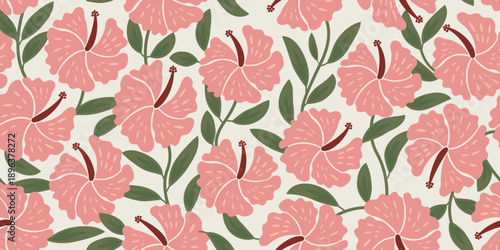 Tropical botanical Seamless pattern. Pink Hibiscus pattern. motif exotic hibiscus design. Hawaii shirt, summer design. beautiful pink floral radiant, floral patterns. hibiscus flower. Pink fashion
