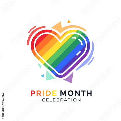 A vibrant rainbow heart symbolizing Pride Month celebration with colorful abstract shapes in the background.