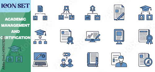 Academic management icon set for online education and certification