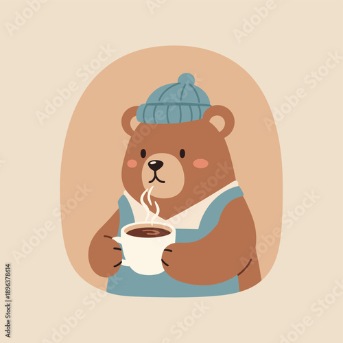 Cartoon bear holding a steaming coffee cup.