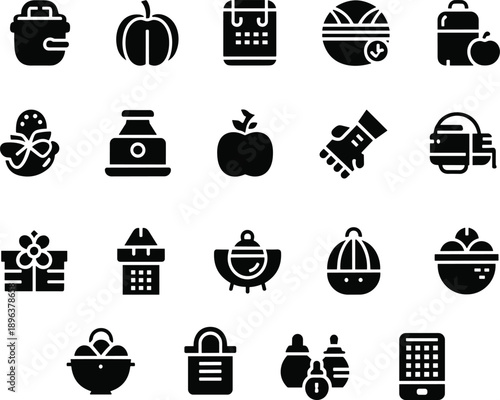 Food and kitchen icon set with healthy meal fruit and cooking equipment