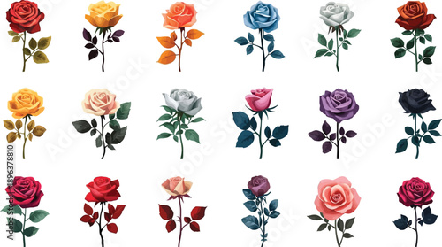 a set of red, orange, blue, purple, peach and pink roses  on a clean white background with a fresh spring floral design
