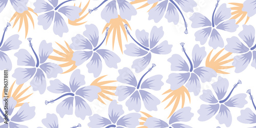 Beautiful blue hibiscus floral print on a white background, creating a gentle, vintage pastel, soft look. Hibiscus flowers pattern for summer wear, shirts, sun hats. Seamless hibiscus floral print.