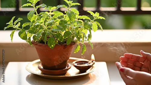 Close Up Of Hands Tending A Potted Holy Basil Plant With Water Droplets And A Lit Clay Oil Lamp On A Balcony At Sunrise