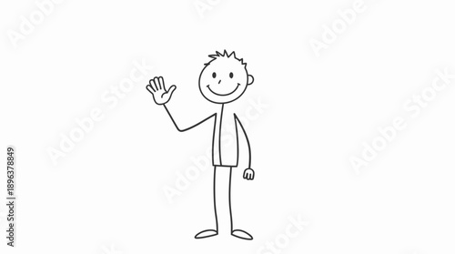 Cheerful stick figure cartoon waving with a wide smile on isolated white background.