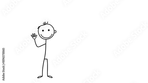 Happy stick figure cartoon waving hand in friendly greeting on isolated white background.