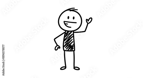 Happy stick figure cartoon waving hand with striped torso on isolated white background.