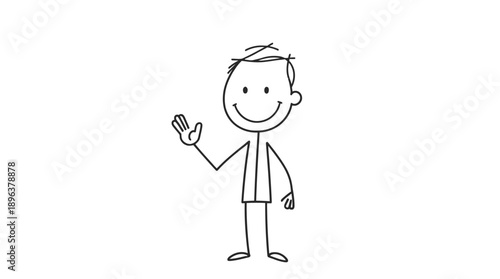 Friendly Stick Figure Man with Hair Waving Hand and Grinning on Isolated White Background