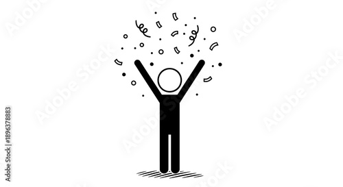 Victorious Stick Figure Man in Black Shirt Cheering with Confetti Explosion on Isolated White Background