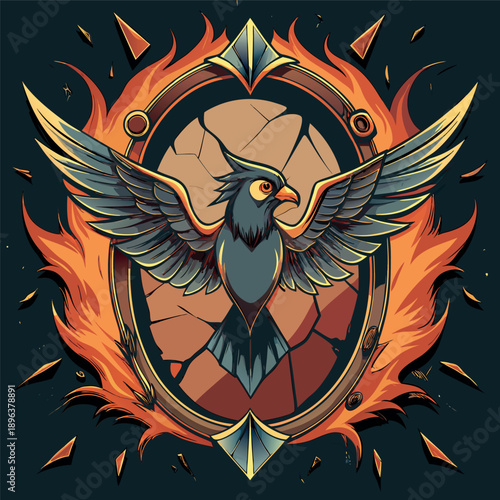 Title: Dark Phoenix Bird Emblem with Flaming Ornamental Frame and Wings Spread