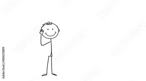 Attentive Stick Figure Man Listening with Hand to Ear Gesture on Isolated White Background