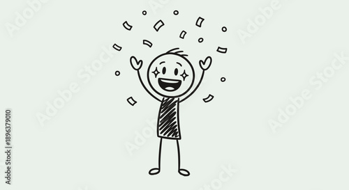Excited Stick Figure Man Raising Arms and Celebrating with Falling Confetti in Light Grey Background