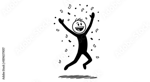 Joyful Black Stick Figure Man Jumping and Celebrating with Confetti Falling in Isolated White Background