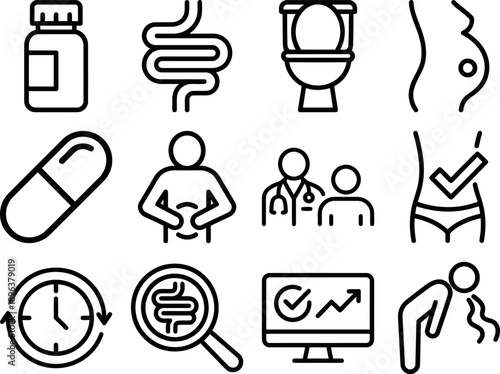 Set of minimalist vector icons for internal health and digestive system, featuring pills, organs, doctor, and analysis charts in a clean, professional outline style.
