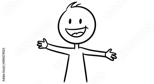 Happy Stick Figure Man with Open Arms Welcoming in Isolated White Background