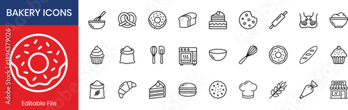 Bakery Icon Collection Thin Line Set With Croissant And Cake