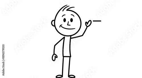 Happy Stick Figure Pointing Right and Showing Direction on Isolated White Background, Instructional Mood