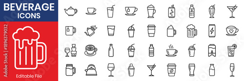 Beverage Thin Line Icon Set Including Coffee Tea And Wine