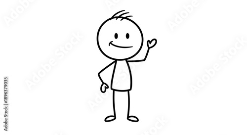 Friendly Stick Figure with Happy Face Waving Hand and Greeting on Isolated White Background, Simple and Welcoming Mood