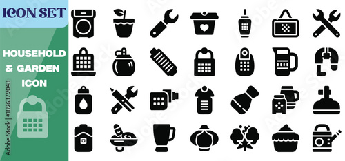 Household and garden icon set with repair tools and kitchen appliances