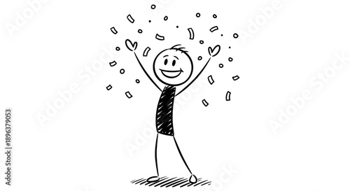 Happy Stick Figure with Striped Body Celebrating with Confetti Falling and Hands Raised on Isolated White Background, Joyful Mood