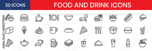 Food And Drink Thin Line Icon Set With Pizza And Burger