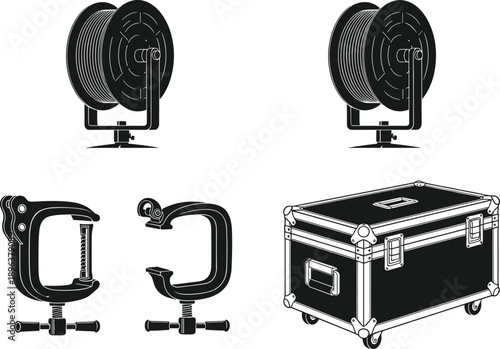 Photography Studio Equipment Set Lighting Clamp Case Professional Gear Vector Illustration Black White
