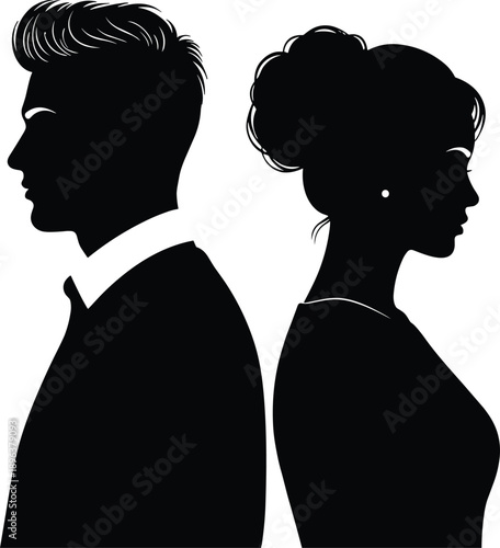Man Woman Back To Back Silhouette Relationship Conflict Separation Divorce Emotion Vector Illustration Black